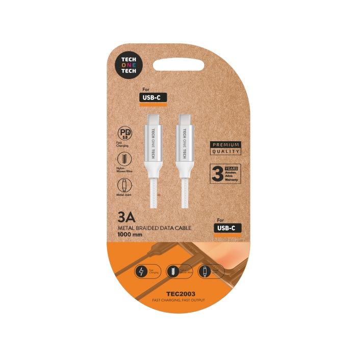 TechOneTech Cable USB-C PD 3.0 Macho a USB-C Macho 1m - Recubierto de Nylon Trenzado