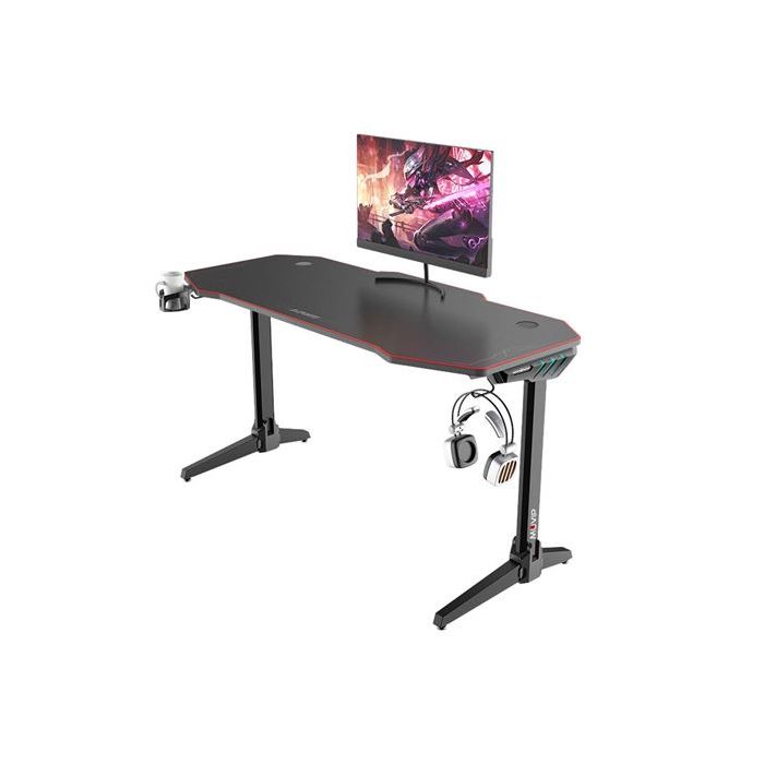 Muvip PRO800 Mesa Gaming XL Fibra de Carbono con Luz RGB - Solida - Alfombrilla 140cm - Portavasos - Gancho para Auriculares - Medidas 140x60x75cm - Color Negro
