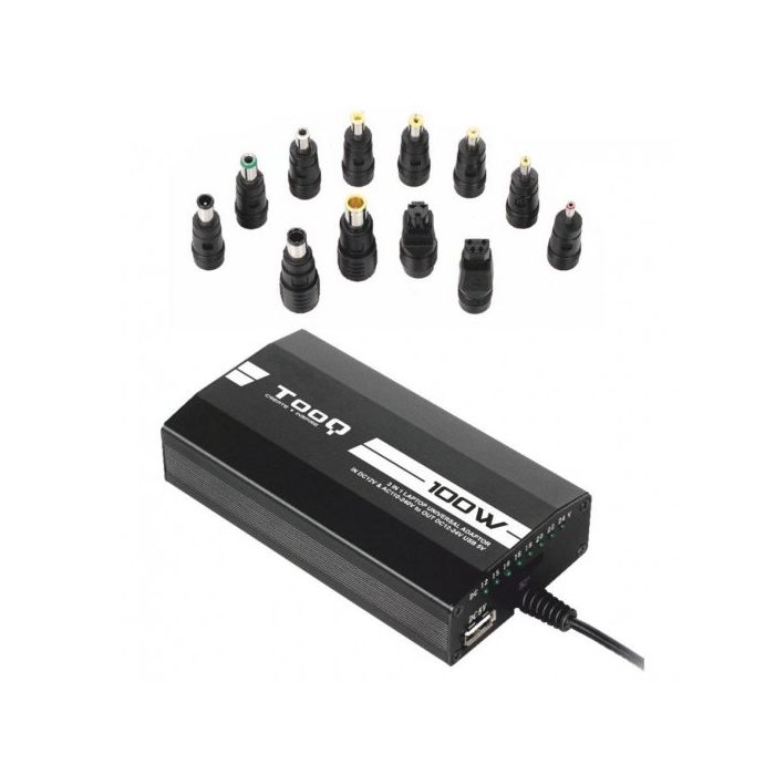 Tooq Cargador Universal para Portatil 100W - USB - 12 Adaptadores - Voltaje 12-24V - Indicador LED