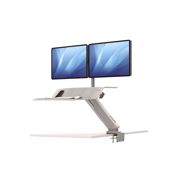 Fellowes Sit-Stand Lotus RT Estacion de Trabajo Doble - Amplia Superficie - Incluye Brazo Monitor - Superficie de Madera Resistente - Color Blanco