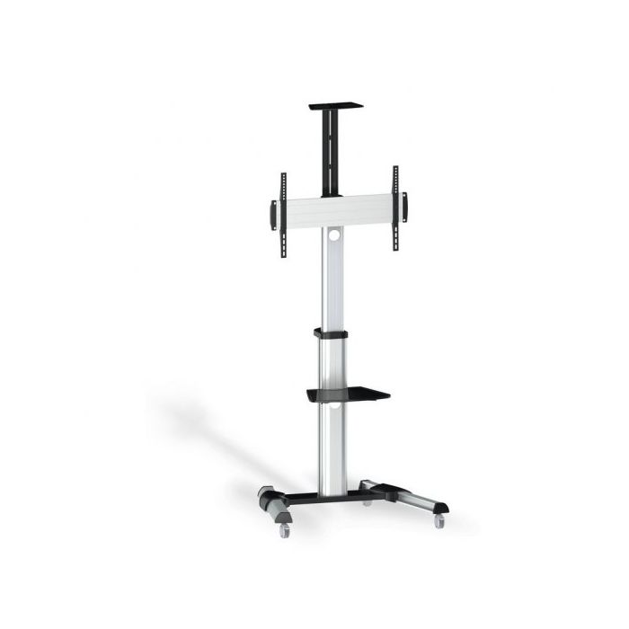 Tooq Soporte de Pantalla de Suelo con Ruedas 37"-70" - Bloqueo de Ruedas - Dos Estantes - Gestion de Cables - Peso Max 50Kg - VESA 600X400mm - Color Aluminio/Negro
