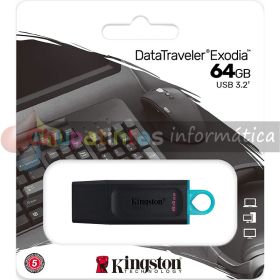 Kingston DataTraveler Exodia Memoria USB 64GB - USB 3.2 Gen 1 - Con Tapa - Enganche para Llavero - Color Negro (Pendrive)-3