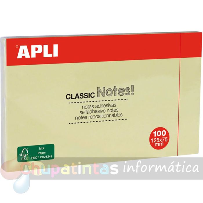 Apli Classic Bloc de 100 Notas Adhesivas 125 x 75 mm - Color Amarillo-1