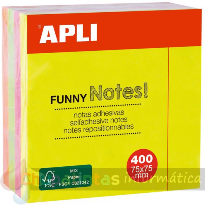 Apli Funny Cubo de 400 Notas Adhesivas 75 x 75 mm - Colores Surtidos Fluorescentes-1