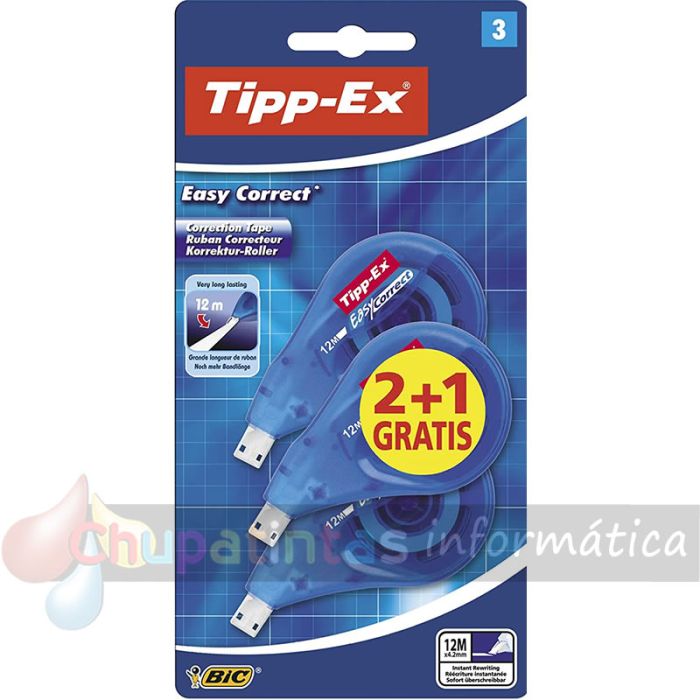 Tipp-Ex Easy Correct 2+1 Pack de 3 Cintas Correctoras 4.2mm x 12m - Resistente - Escritura Instantánea-1