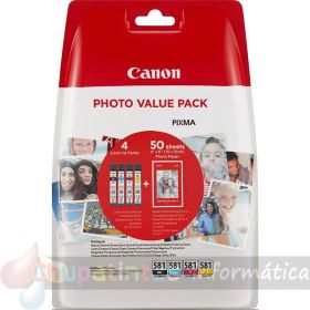 Canon CLI581 Pack de 4 Cartuchos de Tinta Originales - 50 Hojas de Papel Fotográfico - 2106C005
