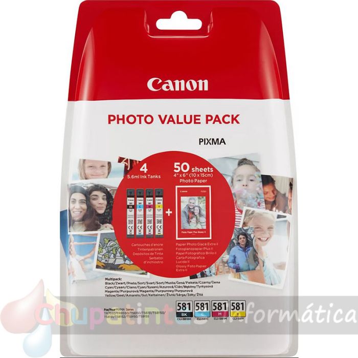 Canon CLI581 Pack de 4 Cartuchos de Tinta Originales - 50 Hojas de Papel Fotográfico - 2106C005