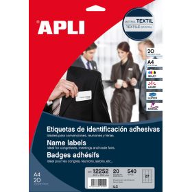 Apli Etiquetas Textiles de Identificacion Adhesivas con Cantos Romos - Tamaño 63.5 x 29.6mm - Adhesivo Removible - Pack de 20 Hojas con 540 Etiquetas - Compatible con Impresoras Inkjet, Laser O Fotocopiadoras