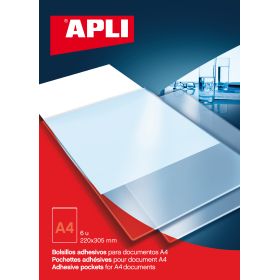 Apli Bolsillos Adhesivos A4 - Bolsa con 6 Bolsillos - Ideal para Carpesanos, Carpetas y Libros - Añade Un Bolsillo Adicional para Documentos e Imagenes
