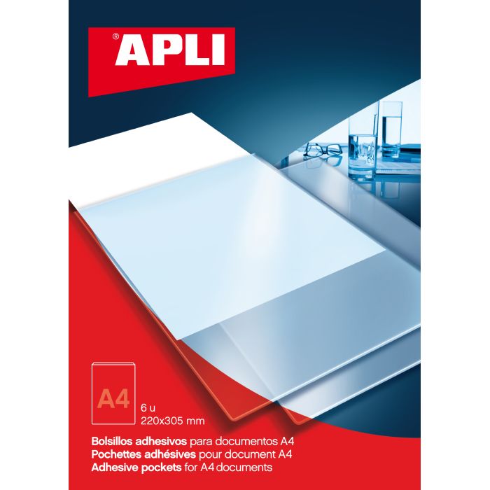 Apli Bolsillos Adhesivos A4 - Bolsa con 6 Bolsillos - Ideal para Carpesanos, Carpetas y Libros - Añade Un Bolsillo Adicional para Documentos e Imagenes