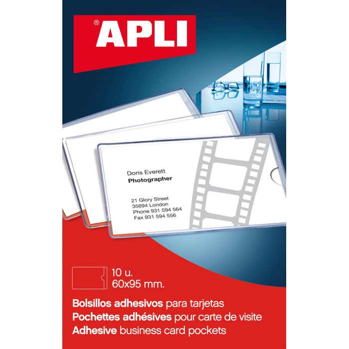 Apli Bolsillos Adhesivos Porta Tarjetas - 95 x 60mm - Ideal para Presentaciones Impresas, Dosieres, Catalogos, Libros, Planos, Archivadores, Carpesanos, Moviles y Dispositivos Electronicos - Pack de 10