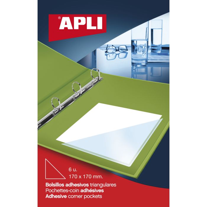 Apli Bolsillos Adhesivos Triangulares - Tamaño 170 x 170mm - Ideal para Incorporar a Carpesanos, Carpetas, Libros, Etc - 6 Bolsillos por Bolsa