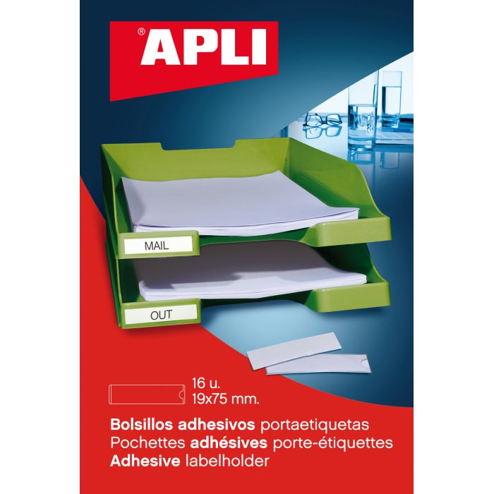 Apli Bolsillos Adhesivos para Etiquetas - Tamaño 19 x 75mm - Cambia la Informacion de la Etiqueta Segun tus Necesidades - 16 Bolsillos por Bolsa