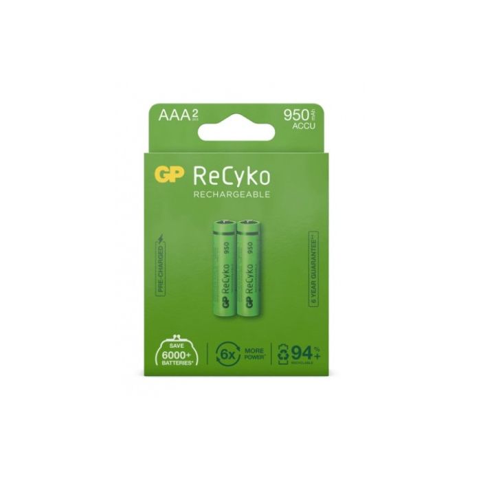 GP ReCyko Pack de 2 Pilas Recargables 950mAh AAA 1.2V - Precargadas - Ciclo de Vida: Hasta 1.000 Veces