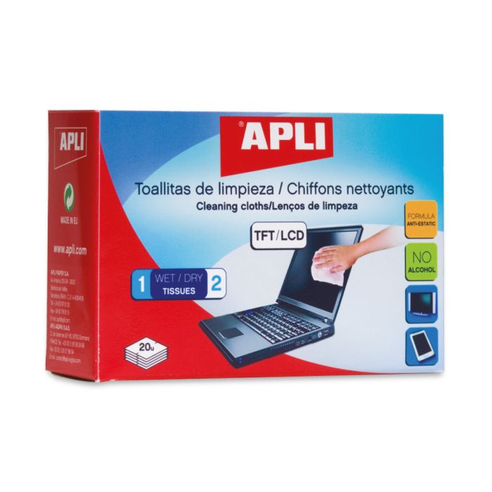 Apli Toallitas de Limpieza para Equipos Electronicos - Propiedades Antiestaticas - Incluye 20 Sobres con Toallita Humeda y Seca - sin Alcohol