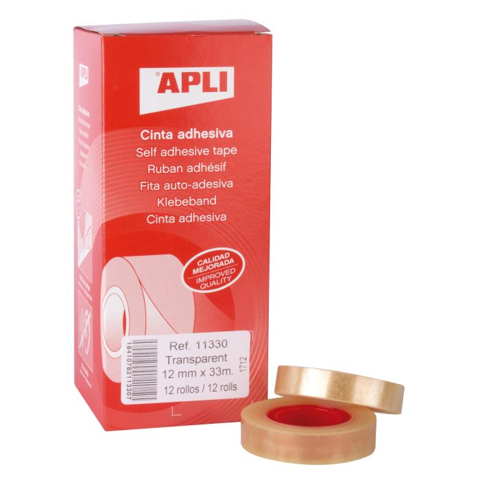 Apli Cinta Adhesiva Transparente 12mm x 33m - Resistente al Agua y a la Intemperie - Facil de Cortar y Aplicar - Ideal para Manualidades y Embalaje Transparente