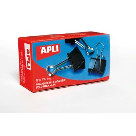 Apli Pinzas Abatibles 15x32mm - Clips de Acero Templado en Negro - Asas en Acabado Niquel - Caja con 12 Unidades - Sujecion Óptima Hasta 120 Hojas
