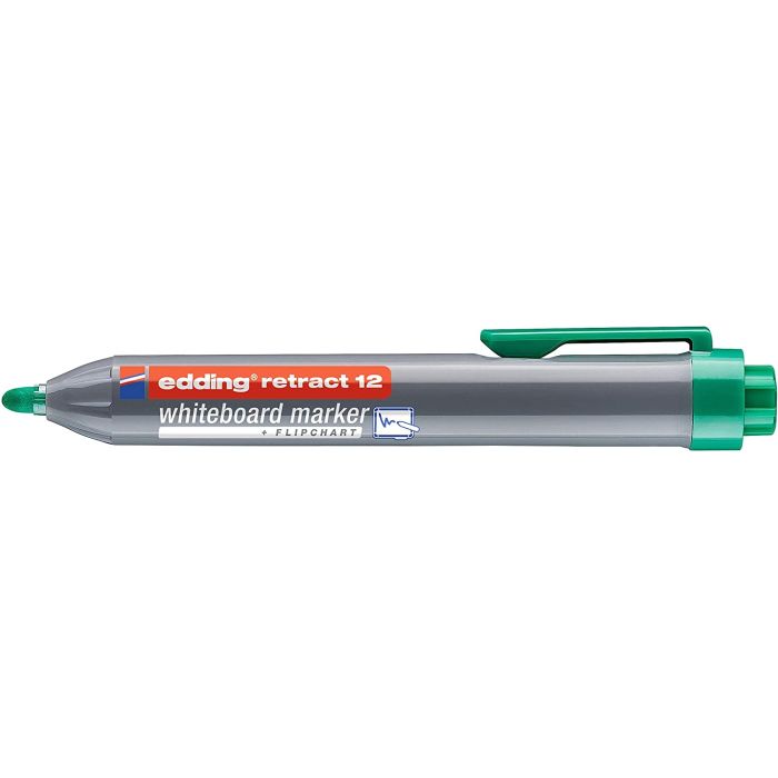 Edding Retract 12 Rotulador para Pizarra Blanca Retractil - Punta Redonda - Trazo entre 1.5 y 3mm - Recargable - Secado Rapido - Color Verde