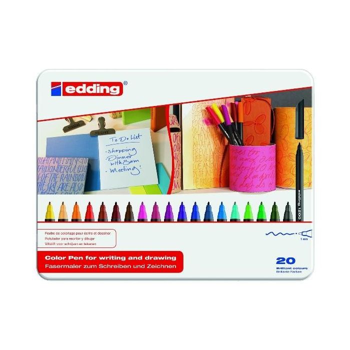Edding Caja de Metal con 20 Rotuladores 1200 - Punta Redonda - Trazo 1mm - Tinta con Base de Agua