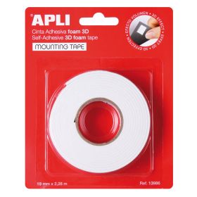 Apli Cinta Adhesiva Doble Cara Foam 3D - 19mm x 228m - Adhesion Fuerte y Duradera - Ideal para Manualidades y Decoracion - Blanco