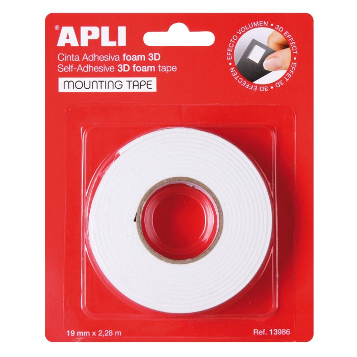Apli Cinta Adhesiva Doble Cara Foam 3D - 19mm x 228m - Adhesion Fuerte y Duradera - Ideal para Manualidades y Decoracion - Blanco