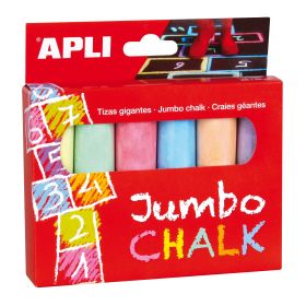 Apli Tizas Redondas Jumbo de Colores Surtidos - Tamaño Ø 25 x 105mm - Fabricadas con Sulfato de Calcio Bajo en Residuo - Ideales para Escribir, Dibujar y Colorear en Pizarras y Pavimentos - Aptas para Uso Escolar