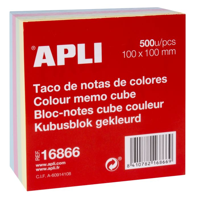 Apli Taco de Notas 100x100mm 500 Hojas - Colores Pastel - Adhesivo de Calidad - Facil de Despegar - Ideal para Notas y Recordatorios - Practico Tamaño - Suave Tonalidad Pastel