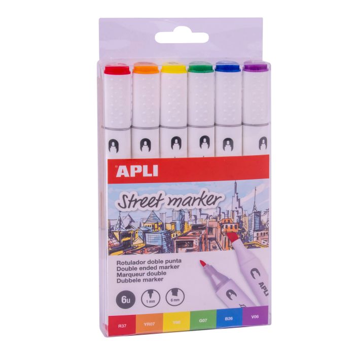 Apli Street Markers Rotuladores de Doble Punta - Puntas de 1mm y 6mm - Tinta de Base Alcohol - Multifuncionales para Dibujar, Pintar y Colorear - Pack Surtido de 6 Colores
