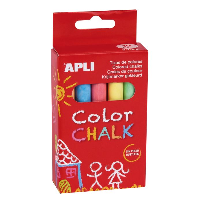 Apli Tizas Redondas de Colores Surtidos - Pack de 10 Tizas de Ø 9 x 80mm - sin Polvo - Ideales para Escribir, Dibujar y Colorear en Pizarras y Pavimentos - Aptas para Uso Escolar