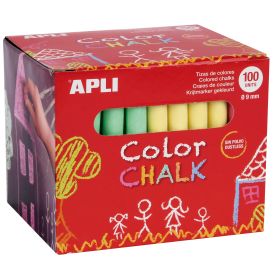 Apli Tizas Redondas de Colores Surtidos - Pack de 100 Tizas Ø 9 x 80mm - sin Polvo - Ideales para Escribir, Dibujar y Colorear en Pizarras y Pavimentos - Aptas para Uso Escolar