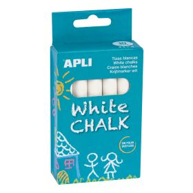 Apli Tizas Blancas Redondas - Pack de 10 - Tamaño Ø 9 x 80mm - Bajo en Residuo y sin Polvo - Ideal para Escribir, Dibujar y Colorear en Pizarras y Pavimentos - Uso Escolar