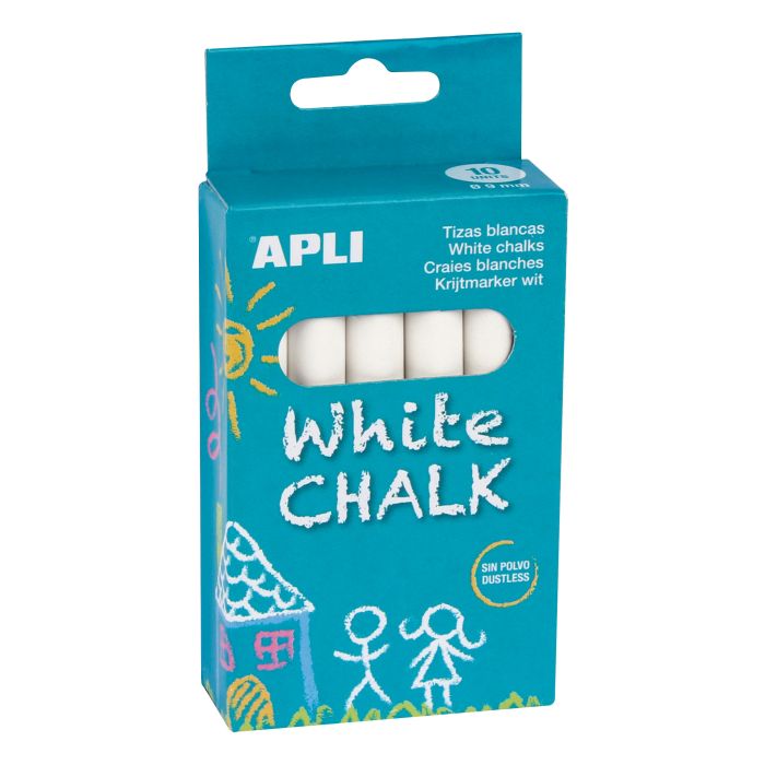 Apli Tizas Blancas Redondas - Pack de 10 - Tamaño Ø 9 x 80mm - Bajo en Residuo y sin Polvo - Ideal para Escribir, Dibujar y Colorear en Pizarras y Pavimentos - Uso Escolar