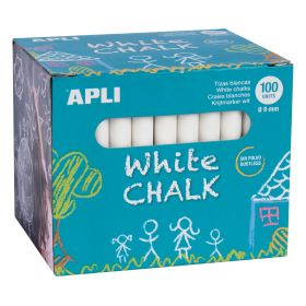 Apli Tizas Blancas Redondas - Pack de 100 Unidades Tamaño Ø 9 x 80mm - Ideales para Escribir, Dibujar y Colorear en Pizarras y Pavimentos - Aptas para Uso Escolar