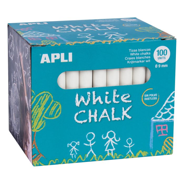 Apli Tizas Blancas Redondas - Pack de 100 Unidades Tamaño Ø 9 x 80mm - Ideales para Escribir, Dibujar y Colorear en Pizarras y Pavimentos - Aptas para Uso Escolar