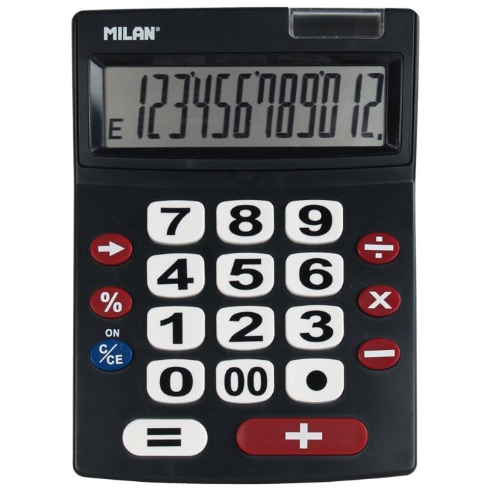 Milan Calculadora 12 Digitos Extra Grande - Teclas Grandes - Tecla Rectificacion Entrada de Datos - Apagado Automatico - Color Negro