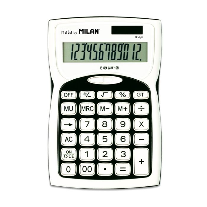 Milan Calculadoras de 12 Digitos - 3 Teclas de Memoria - Raiz Cuadrada - Calculo de Margenes - Tecla de Apagado - Color Blanco y Negro