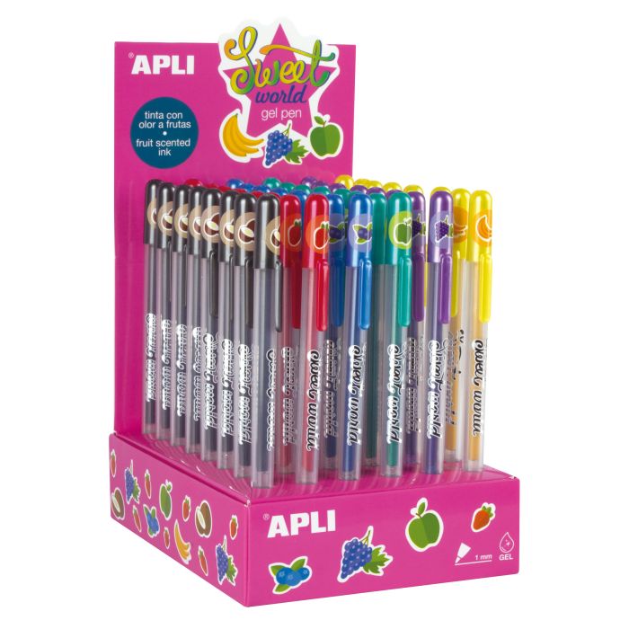 Apli Sweet World Gel Pen Expositor - 48 Boligrafos de Tinta Gel con Aroma a Frutas - 8 Colores Surtidos - 1mm de Grosor de Escritura - Resistentes y de Larga Duracion