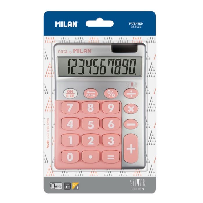 Milan Calculadora 10 Digitos Silver - Calculadora de Sobremesa - Teclas Grandes - Tecla Rectificacion Entrada de Datos - Color Rosa