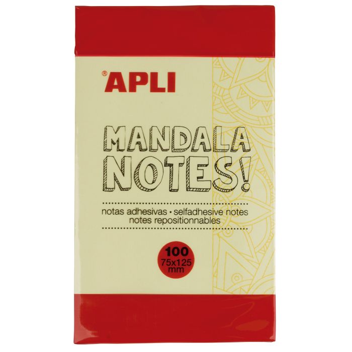 Apli Notas Adhesivas Mandala 125x75mm - 100 Hojas - Diseño Mandala - Adhesivo de Calidad - Amarillo