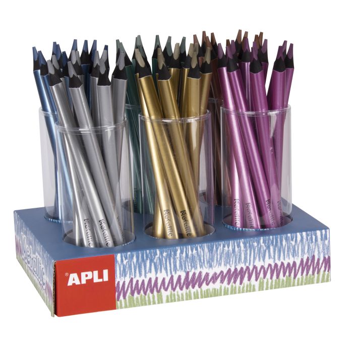 Apli Jumbo Metallic Expositor de Lapices - 5mm de Grosor Triangular - 108 Lapices Fluorescentes Surtidos - Ideal para Mejor Sujecion y Mayor Cobertura en Un Solo Trazo
