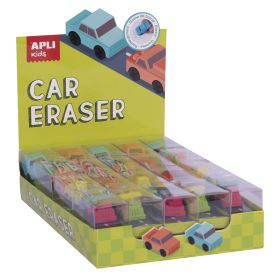 Apli Gomas de Borrar Coche - Expositor con 20 Unidades en 4 Modelos Surtidos - Forma de Coche Que Sirve para Borrar y Jugar - Modelos de Coche, Camion y Dos Excavadoras en Diferentes Colores