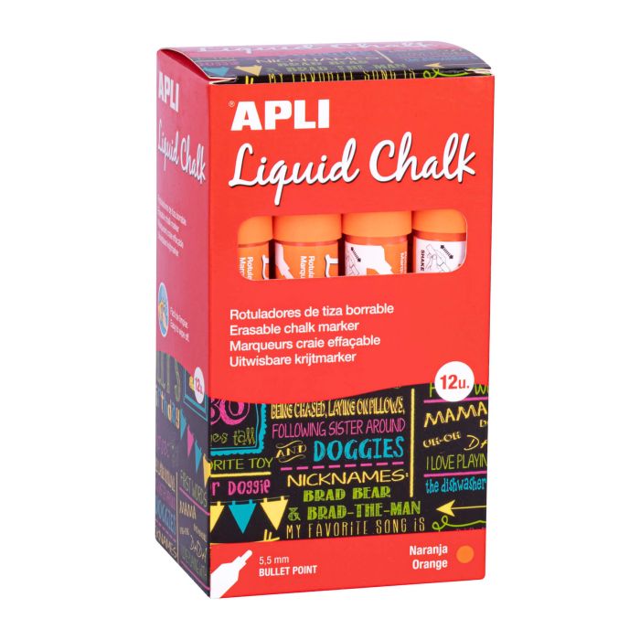 Apli Rotulador de Tiza Liquida Naranja - Punta Redonda - Ideal para Pizarras, Plastico, Ventanas, Ceramica, Vinilos, Metal, Etc - Facil de Borrar - Secado Rapido