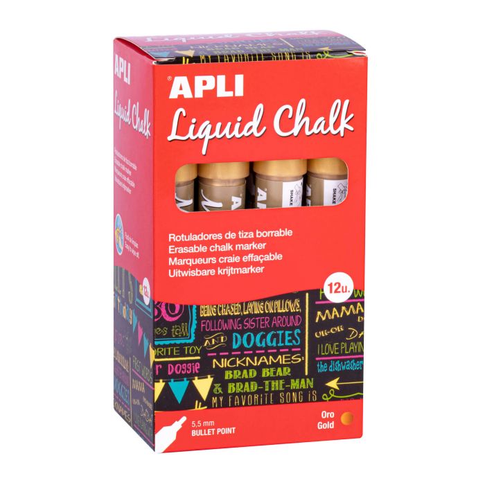 Apli Rotulador de Tiza Liquida Oro - Punta Redonda - Ideal para Pizarras, Plastico, Ventanas, Ceramica, Vinilos, Metal, Etc - Facil de Borrar - Secado Rapido - Uso Sencillo - Base Agua Libre de Toxicos