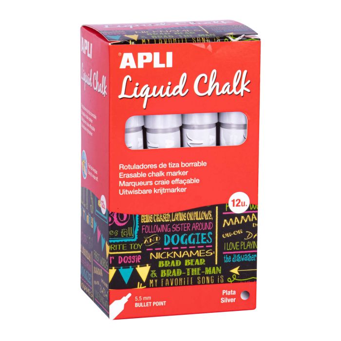 Apli Rotulador de Tiza Liquida Plata - Punta Redonda - Ideal para Pizarras, Plastico, Ventanas, Ceramica, Vinilos, Metal, Etc - Facil de Borrar - Secado Rapido - Uso Sencillo - Base Agua Libre de Toxicos