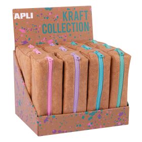 Apli Kraft Collection Expositor de 12 Estuches Compactos con Cremallera de Colores Pastel - Estuches de 185x75x55mm con Gran Capacidad, Flexibilidad y Resistencia - Cremallera Esmaltada, Facil de Limpiar y Resistente al Agua