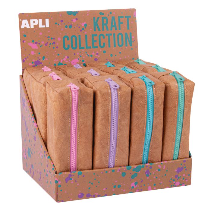 Apli Kraft Collection Expositor de 12 Estuches Compactos con Cremallera de Colores Pastel - Estuches de 185x75x55mm con Gran Capacidad, Flexibilidad y Resistencia - Cremallera Esmaltada, Facil de Limpiar y Resistente al Agua