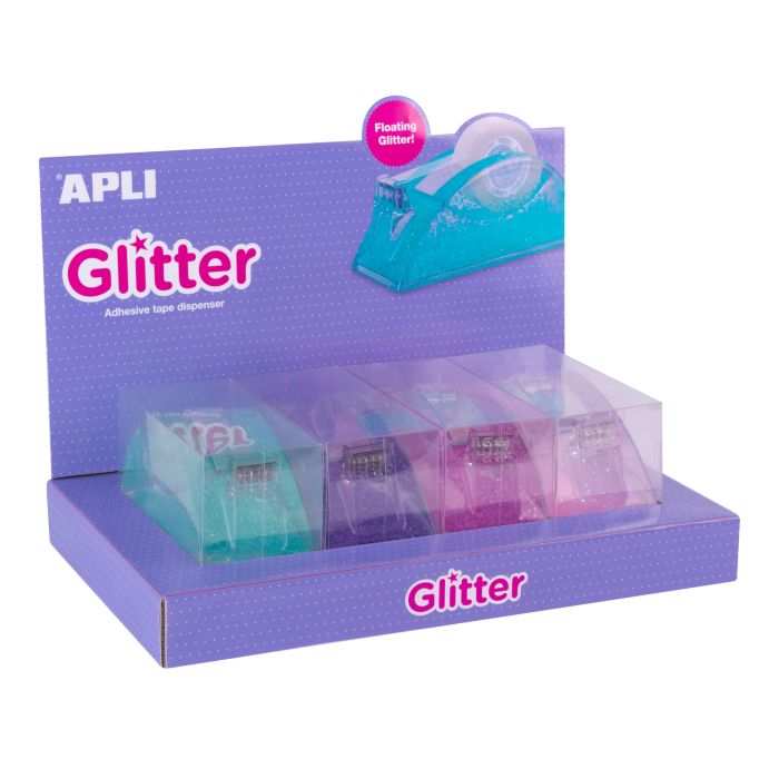 Apli Expositor Portarrollos Cinta Adhesiva Glitter Collection - 19x33mm - 4 Portarrollos Metacrilato Purpurina - Cuchilla Dentada - Dispensador Estable y Pesado - Ideal para Hogar, Oficina y Escuela