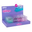Apli Expositor Portarrollos Cinta Adhesiva Glitter Collection - 19x33mm - 4 Portarrollos Metacrilato Purpurina - Cuchilla Dentada - Dispensador Estable y Pesado - Ideal para Hogar, Oficina y Escuela