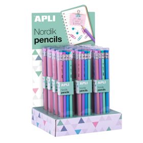 Apli Expositor de Packs de Lapices de Grafito con Goma de Borrar - 170x270x150mm - 12 Packs de 8 Lapices de la Gama Nordik Collection en Colores Rosa, Lila, Turquesa y Verde - Mina HB de 2mm