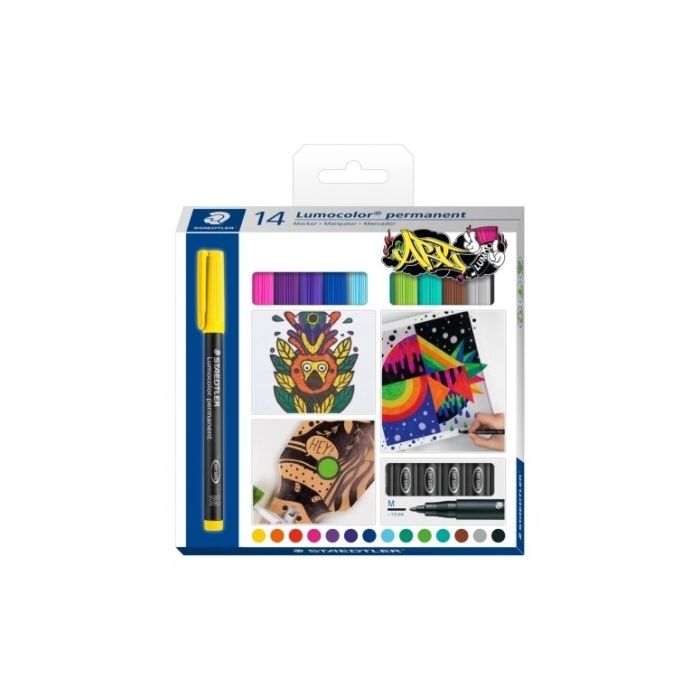 Staedtler Lumocolor 317 Pack de 14 Rotuladores Permanentes - Punta Media Redonda - Trazo 1mm Aprox - Capuchon con Clip - Secado Rapido - Colores Surtidos